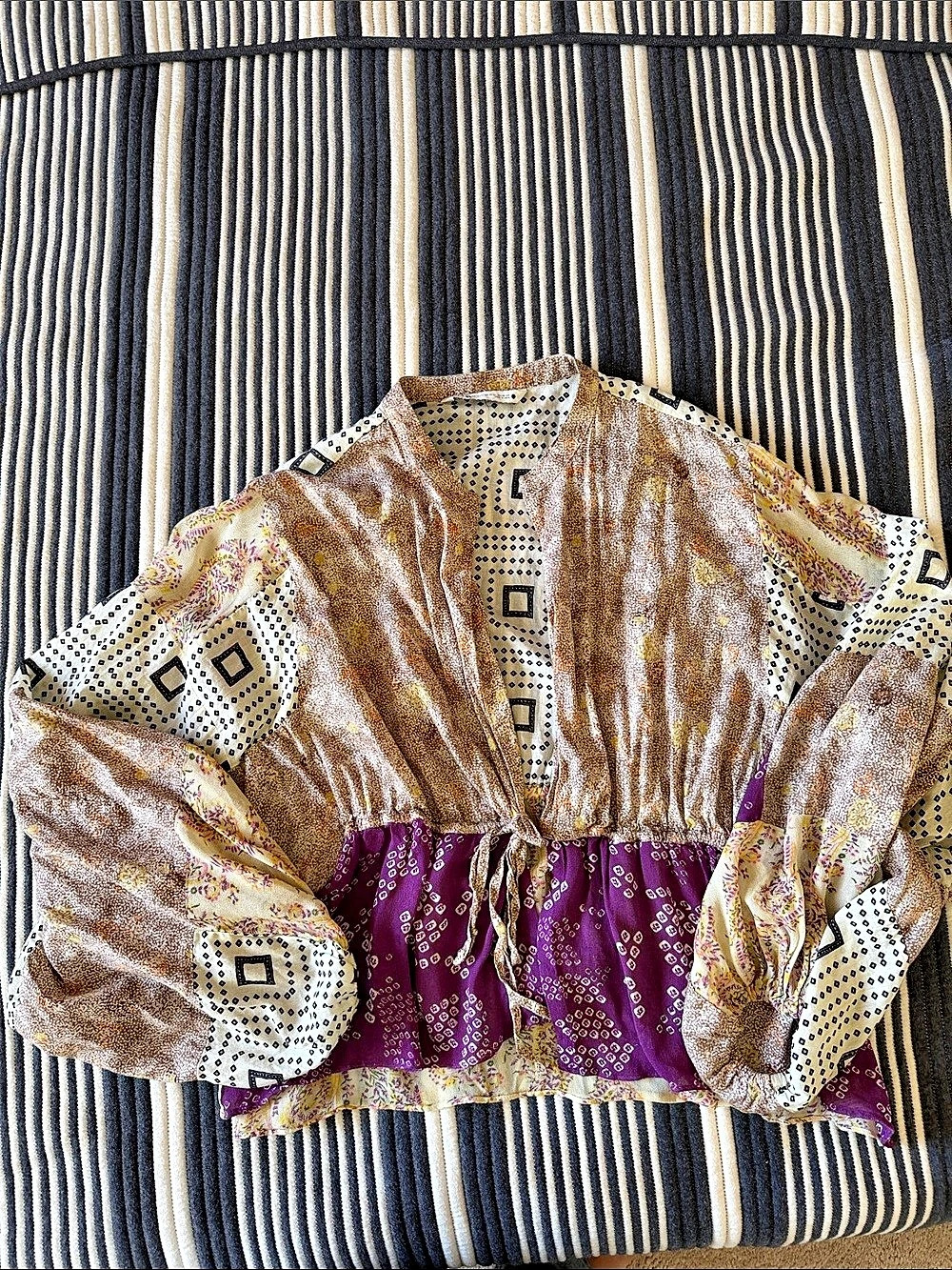 Geometric Cropped Blouse in Brown & Purple